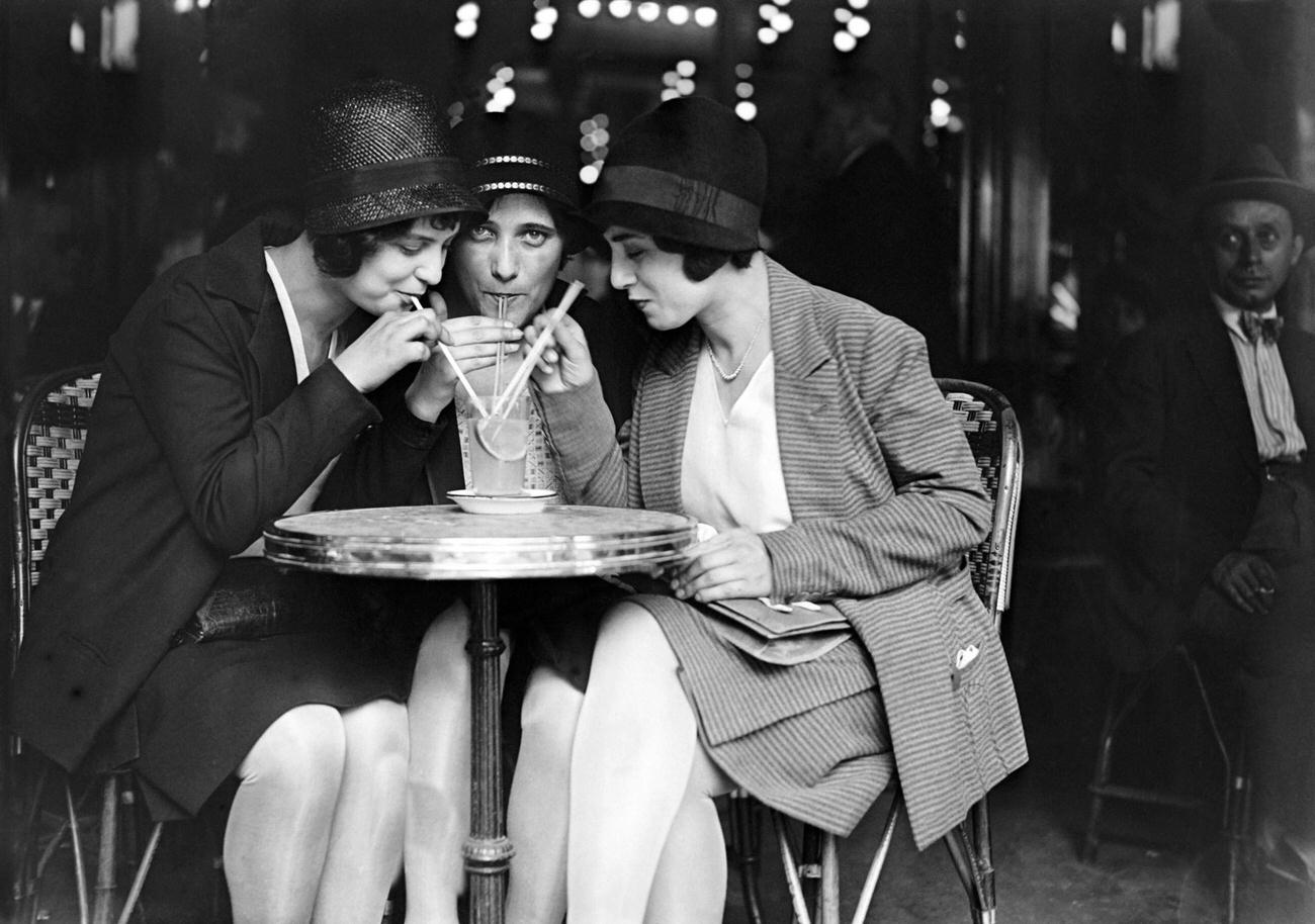 Young Women Drinking at a Cafe During Heat Wave, Paris, July 1929