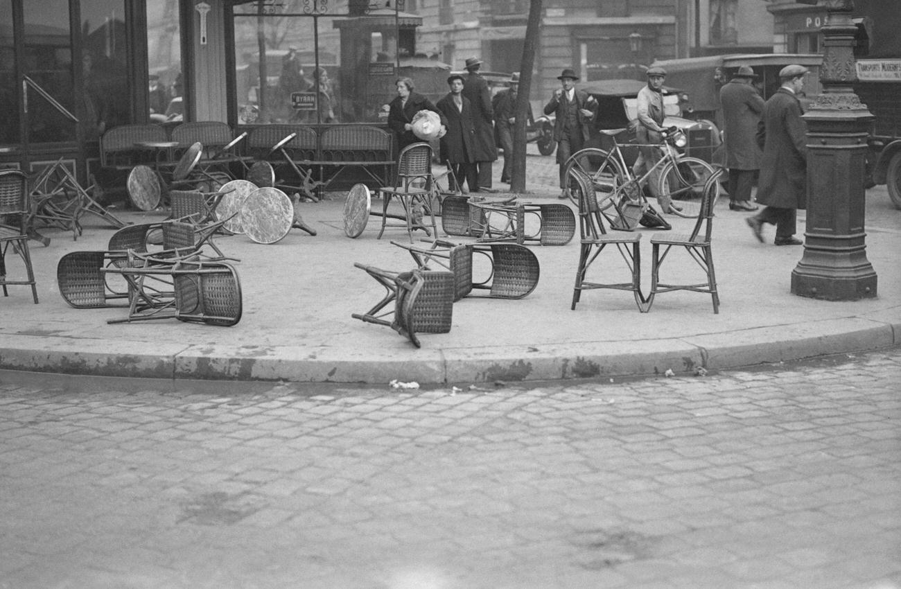 Overturned Chairs and Broken Windows After a Clash at a Parisian Cafe, 6 March 1930