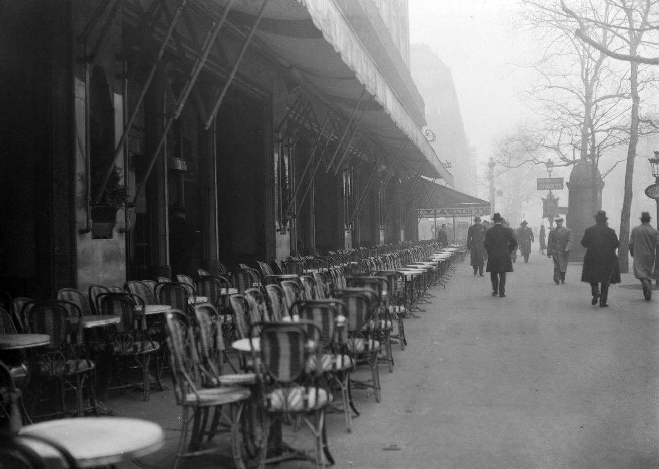Deserted Cafe de la Paix Terrace, Paris, France, February 1934