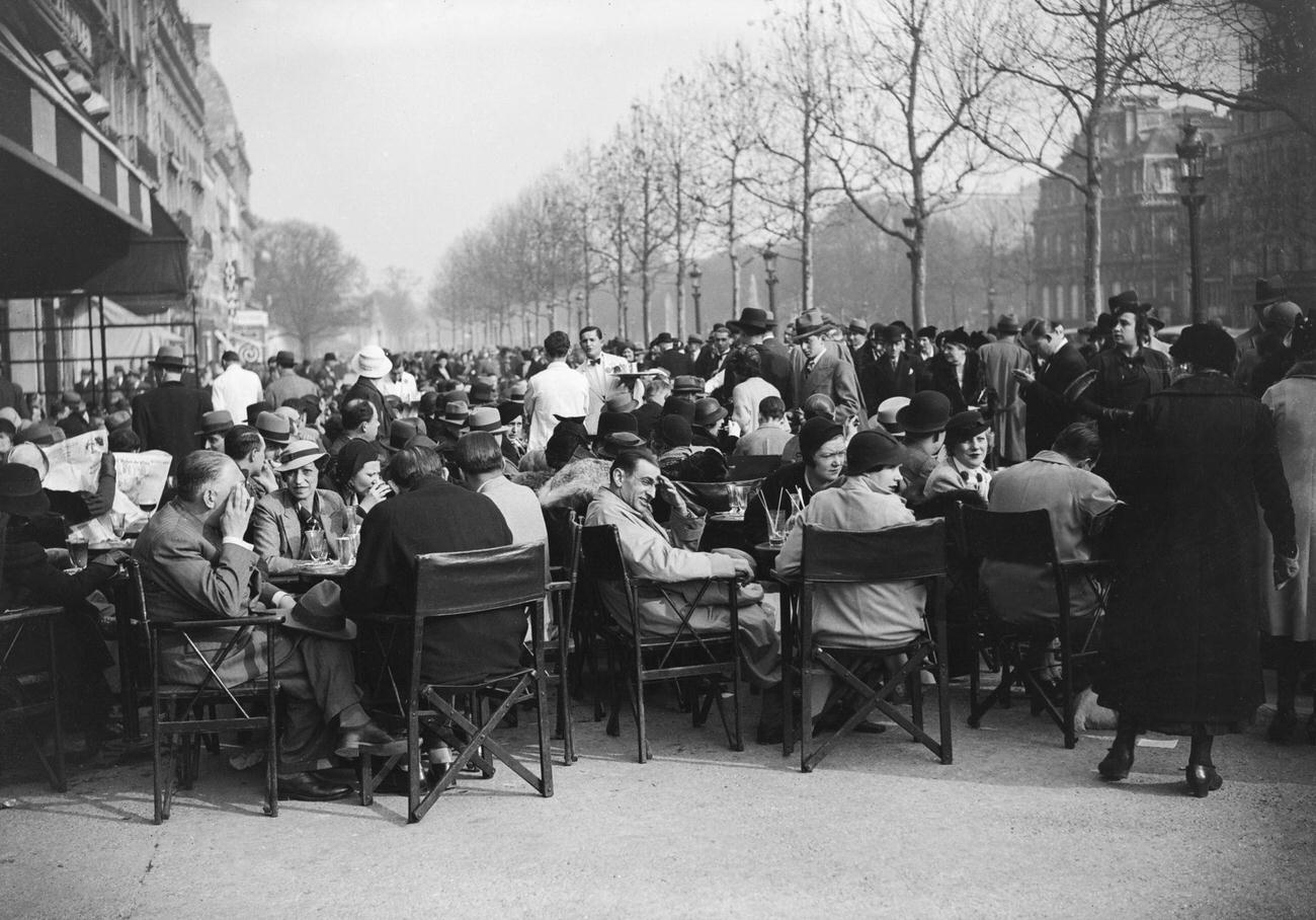 Bustling Cafe Terrace, Champs Elysées, Paris, 2 April 1934