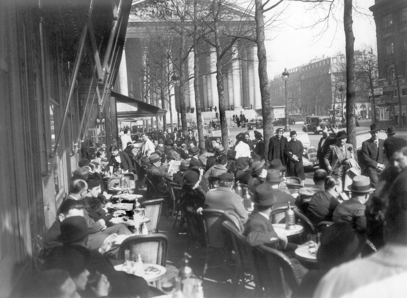 Crowded Cafe Terraces Near La Madeleine, Paris, 1938