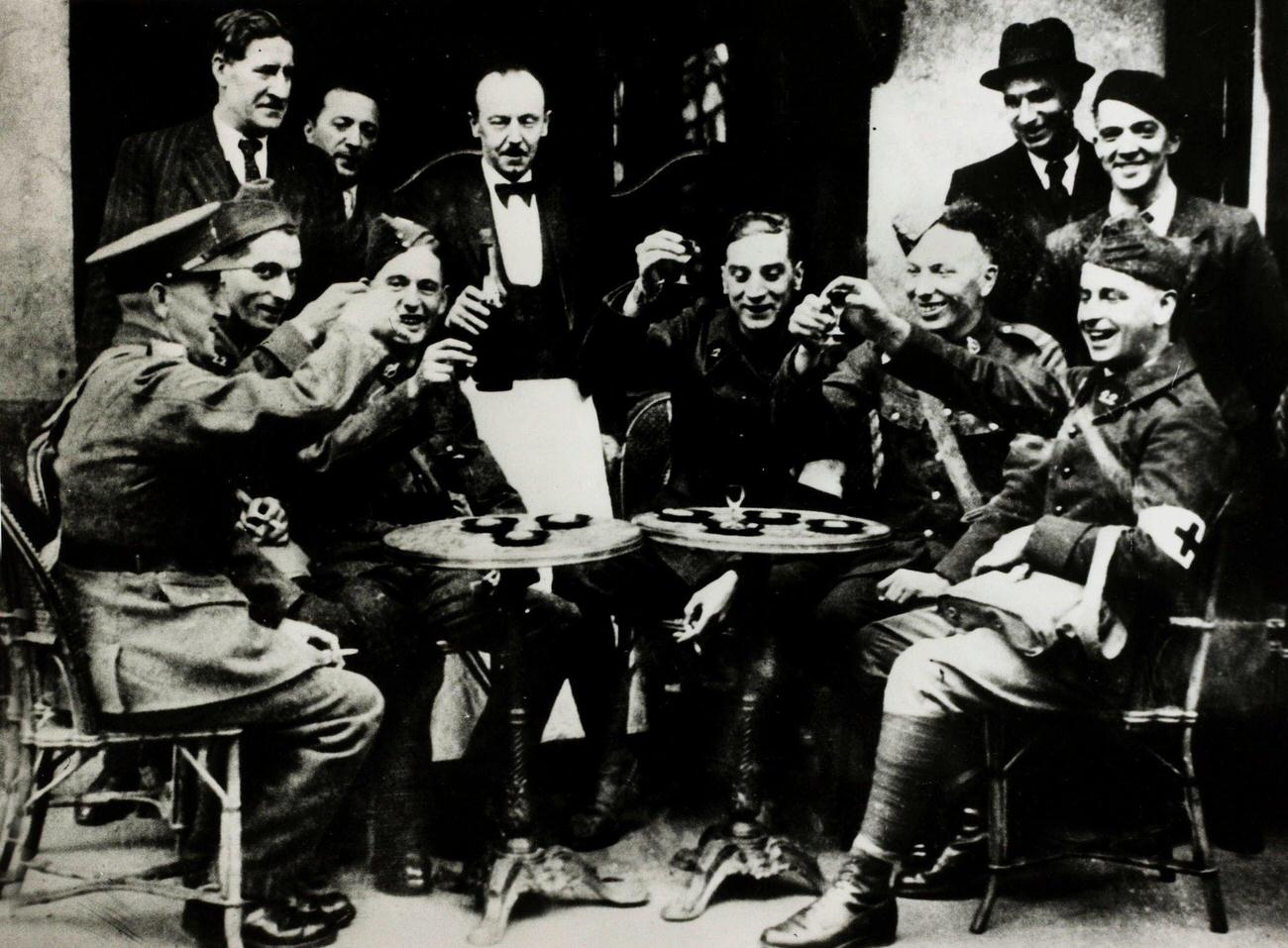 French and British Troops Toasting Victory, Paris Cafe, Circa 1939