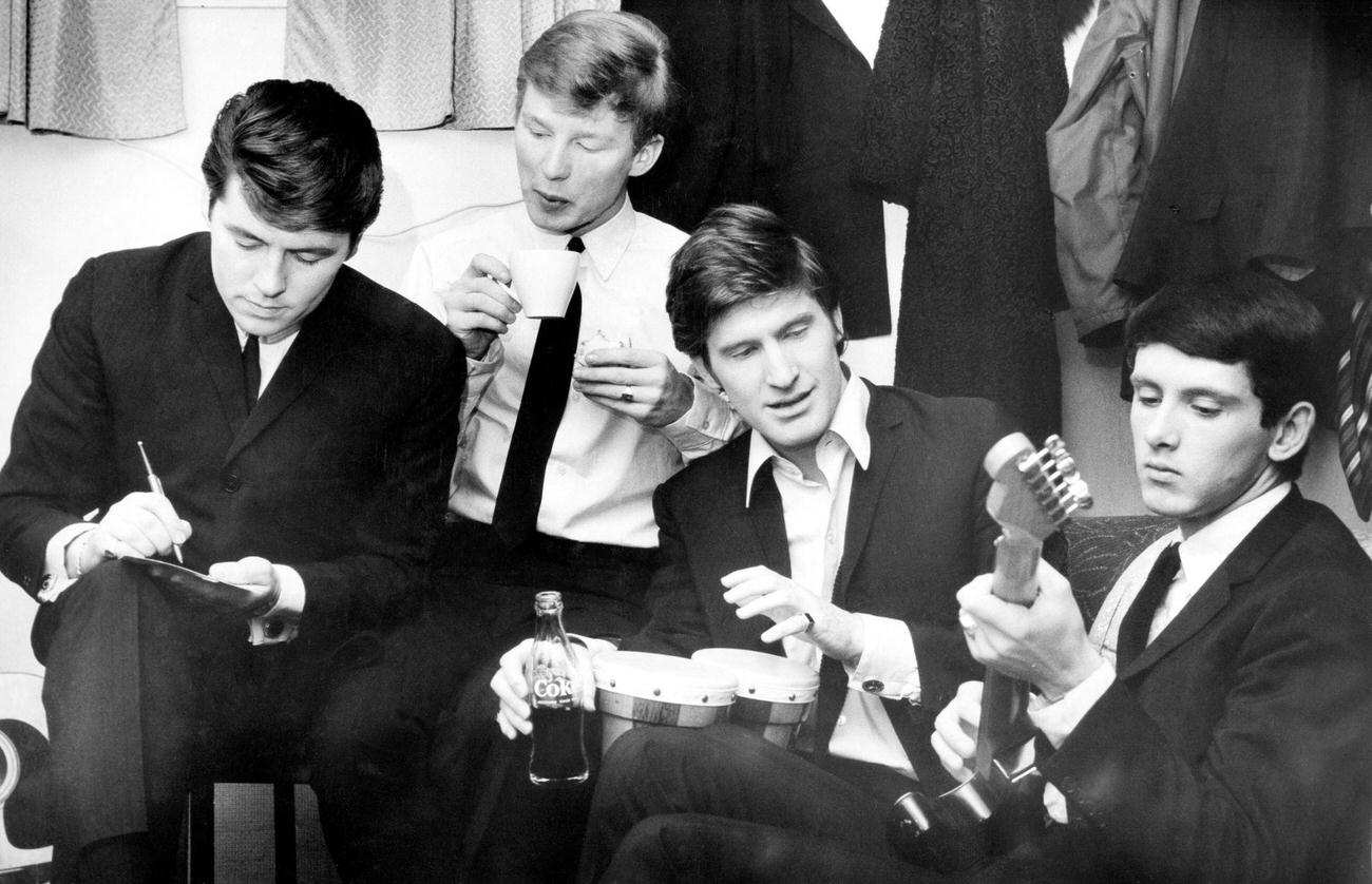 The Searchers band members at the Coventry Theatre show, 1964.