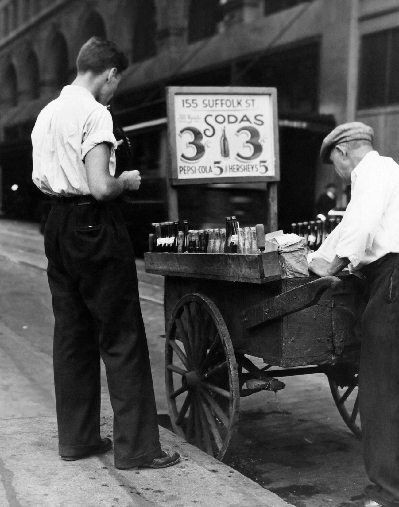 1930s street vendor in New York City selling sodas, including Pepsi-Cola.