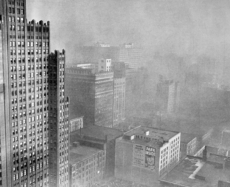 St. Louis view with Art Deco and Southwestern Bell Telephone Buildings, smoke investigation study.