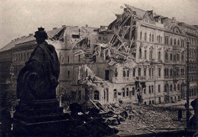 Aerial view of damage in Václavské náměstí, Prague, 1945.