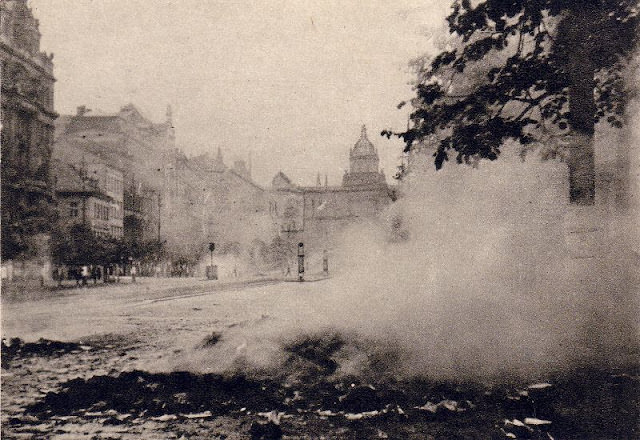 Effigy burning of Hitler in Václavské náměstí, Prague, 1945.