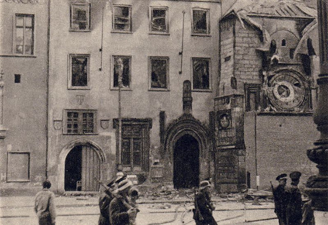 Ruined astronomical clock at Old Town Hall, Prague, 1945.