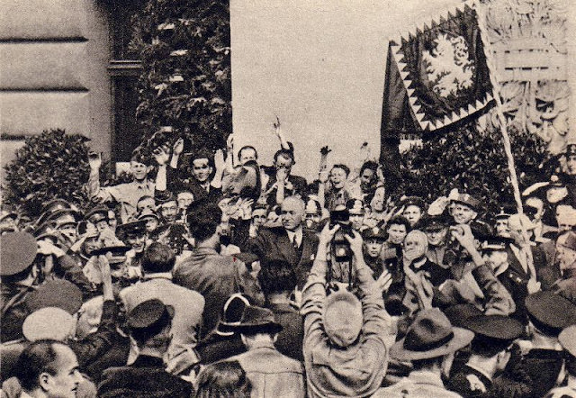 Welcoming President Edvard Beneš in Prague, 1945.