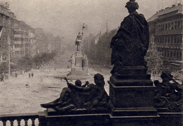 Wenceslas Square after the battle in Prague, 1945.