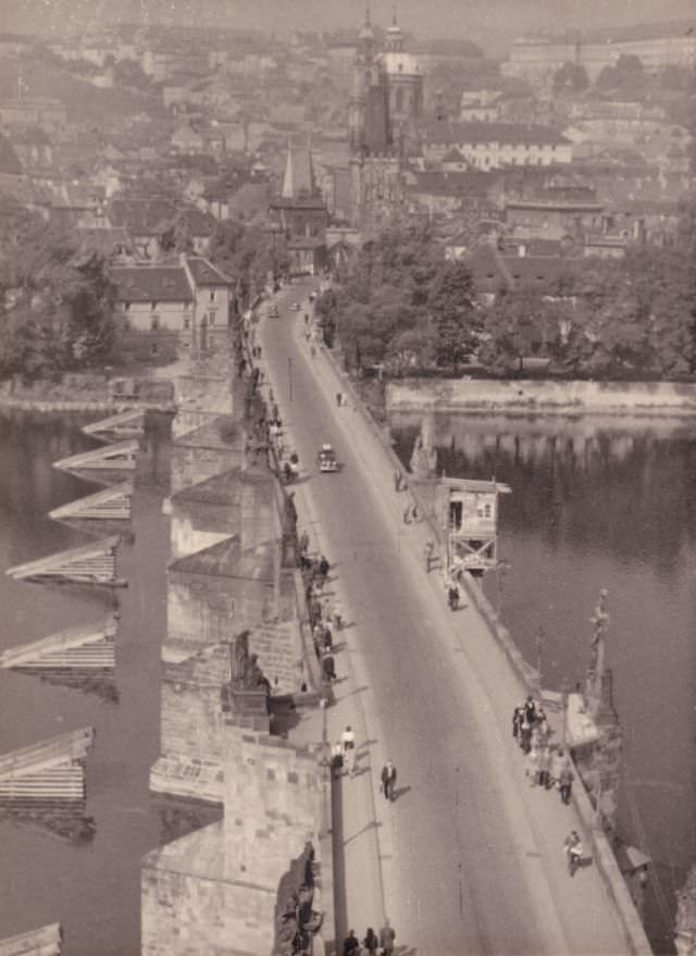 Charles Bridge over the Vltava River in Prague, 1945.