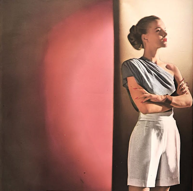 Selene Mahri wearing a top and shorts by Tina Leser, Vogue, 1945.