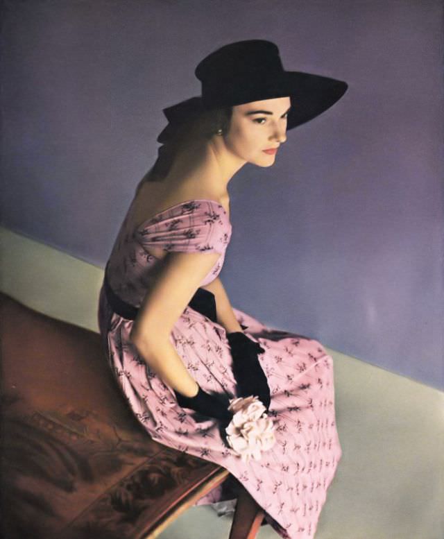 Marilyn Ambrose in a silken chambray dress by Tina Leser, crafted from Dan River fabric, 1948.