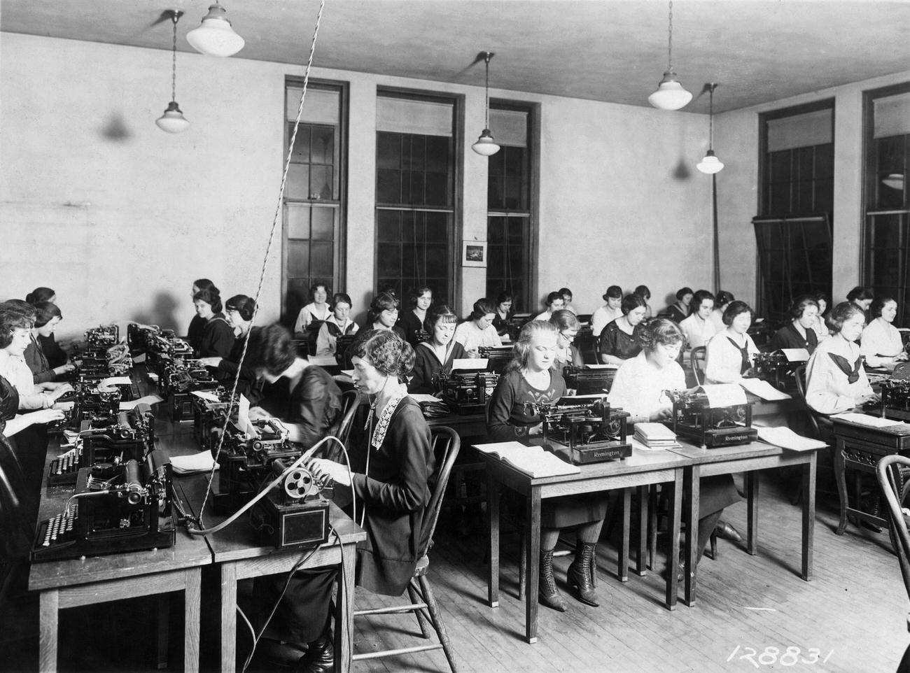 Women employees of Westinghouse Company attending typewriting class at Westinghouse Technical Night School.