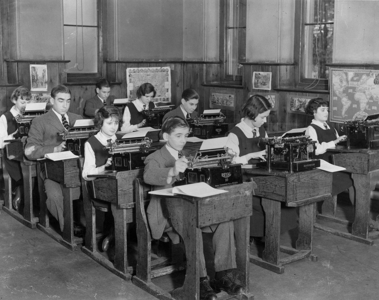 Typing class at Licensed Victuallers School, Slough, Buckinghamshire, December 1935.