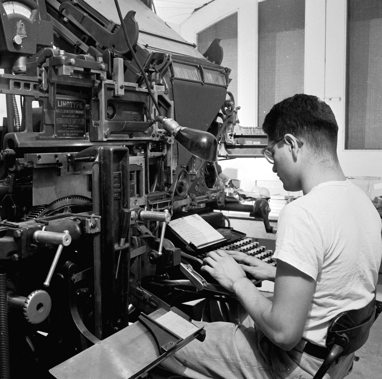 Student Working on a Linotype Machine, Gallaudet College, 1940