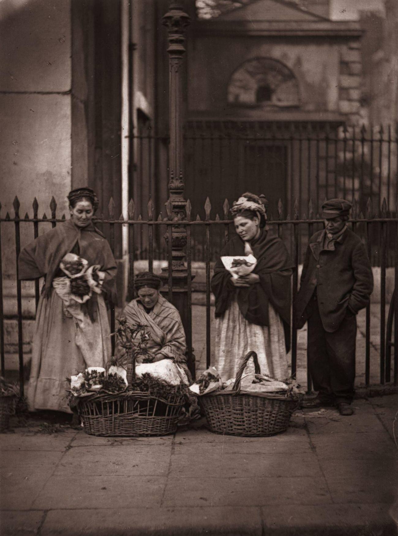 Victorian flower women at Covent Garden market, 1877.