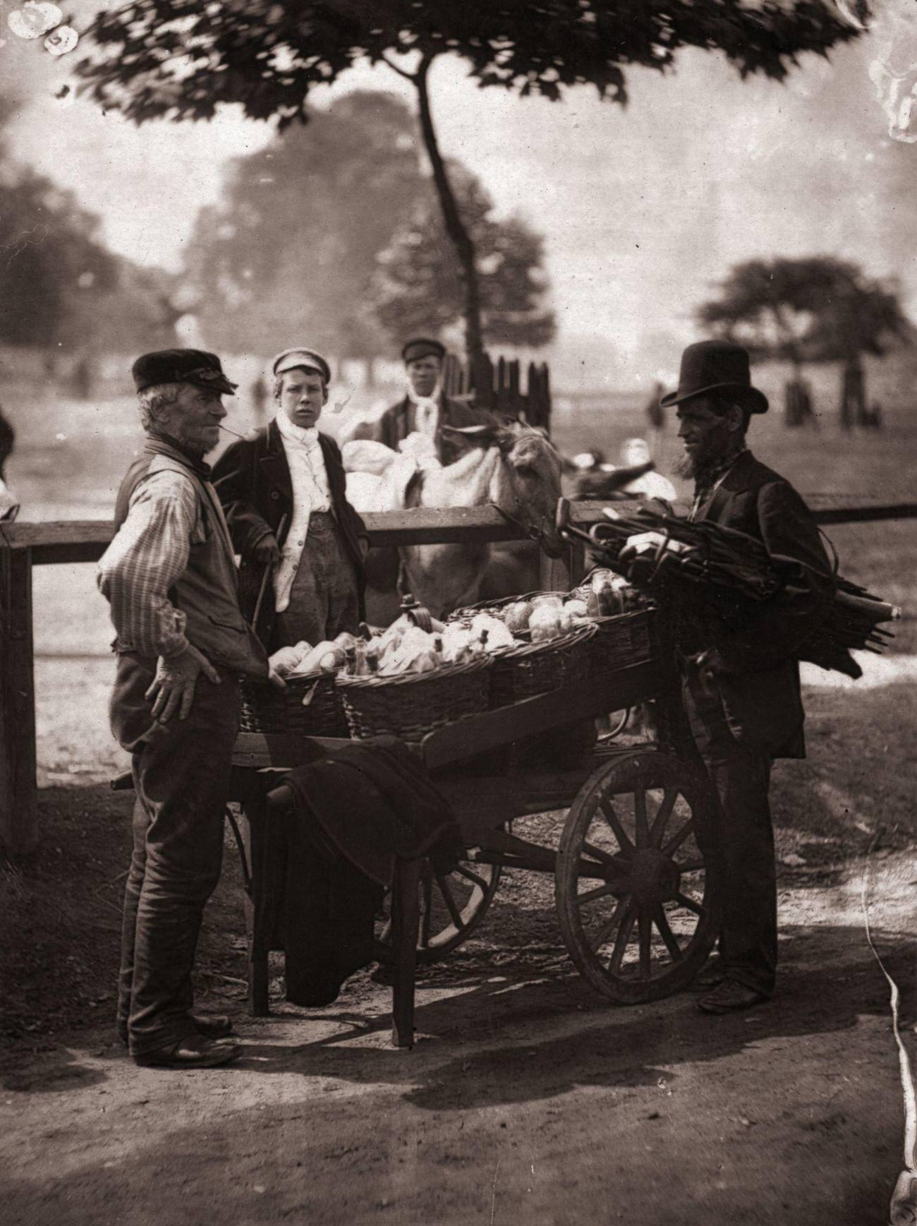 Victorian 'Mush-Fakers' and ginger beer makers with their cart, 1877.