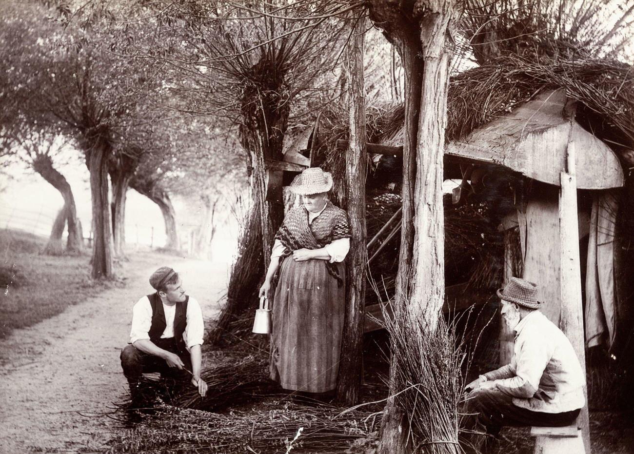 Two men tying bundles of twigs in England, circa 1890.