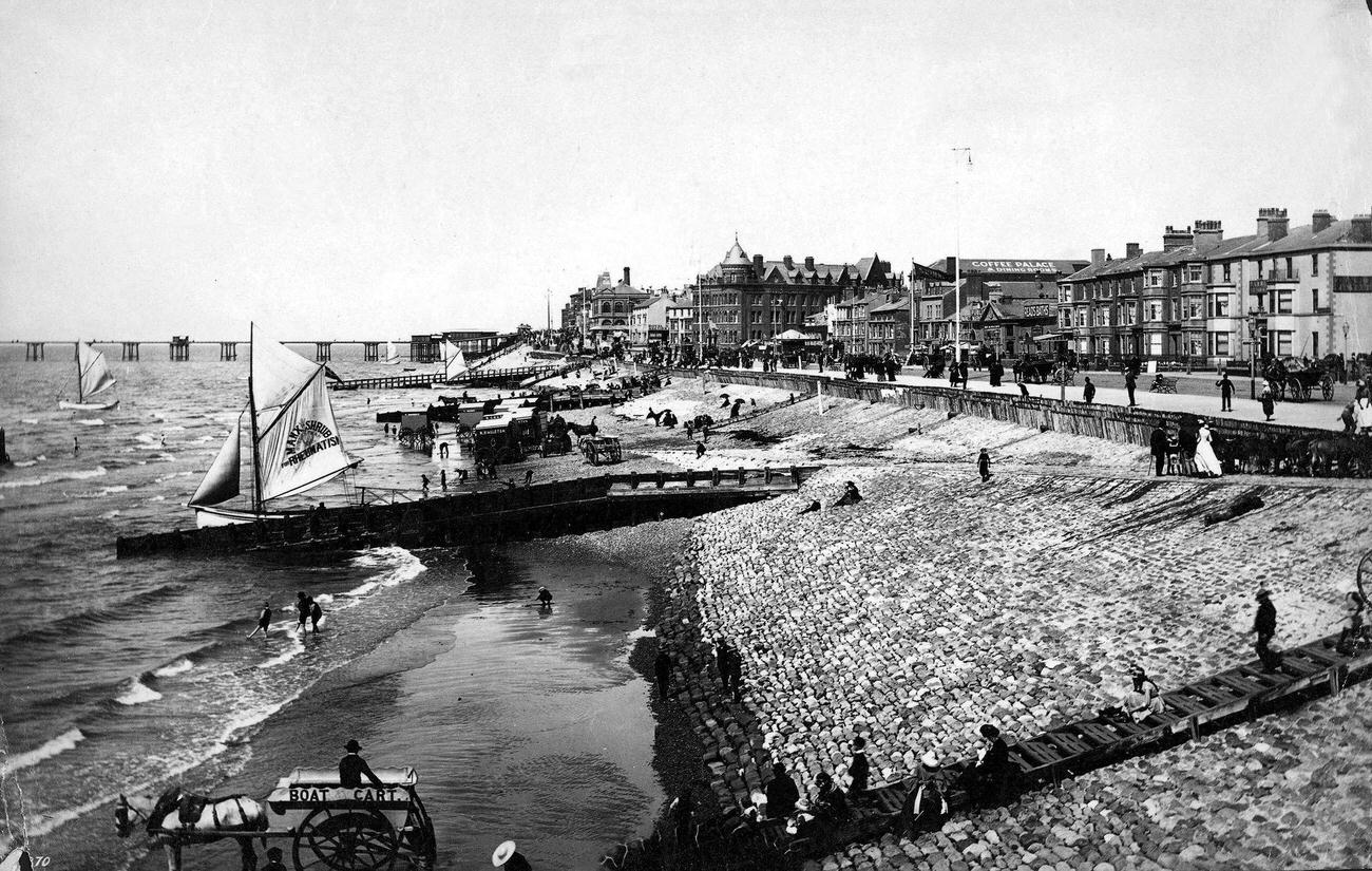 General view of Blackpool beach and the Esplanade, England, 1880.