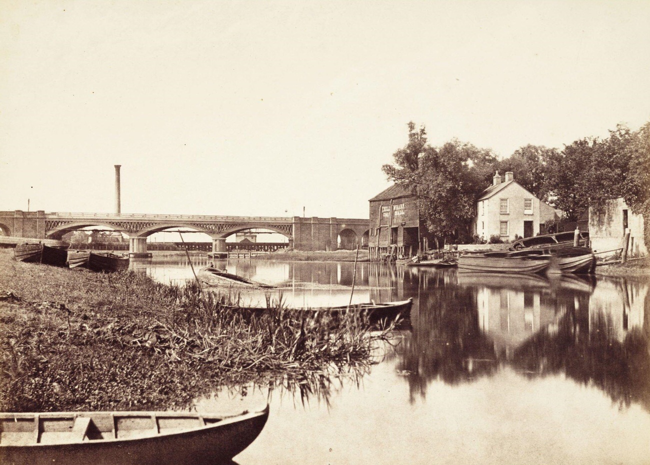 Boats moored on a river, circa 1855, by Samuel Smith.