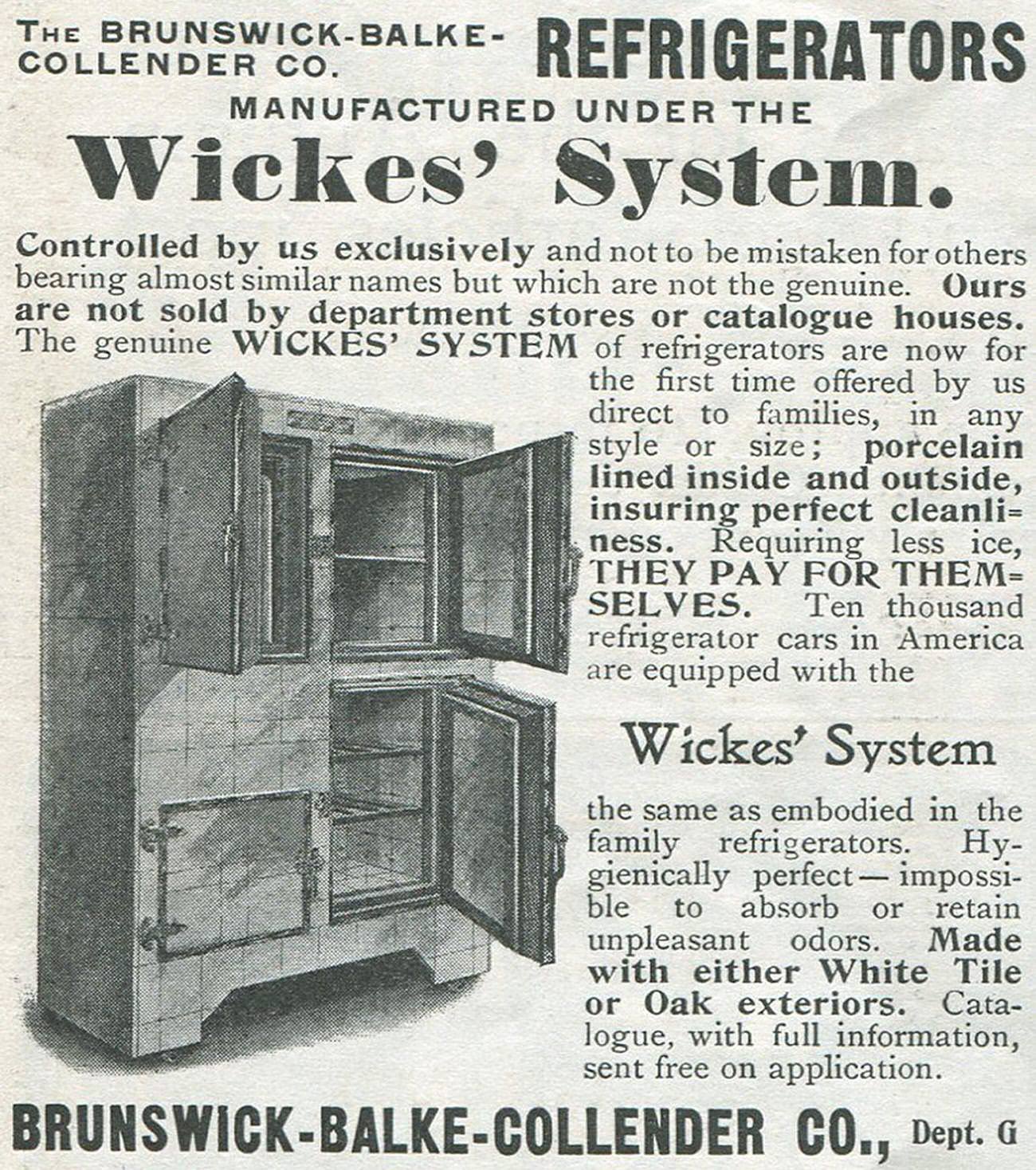 Wickes' System refrigerators ad, Brunswick-Balke-Collender Company, 1900.
