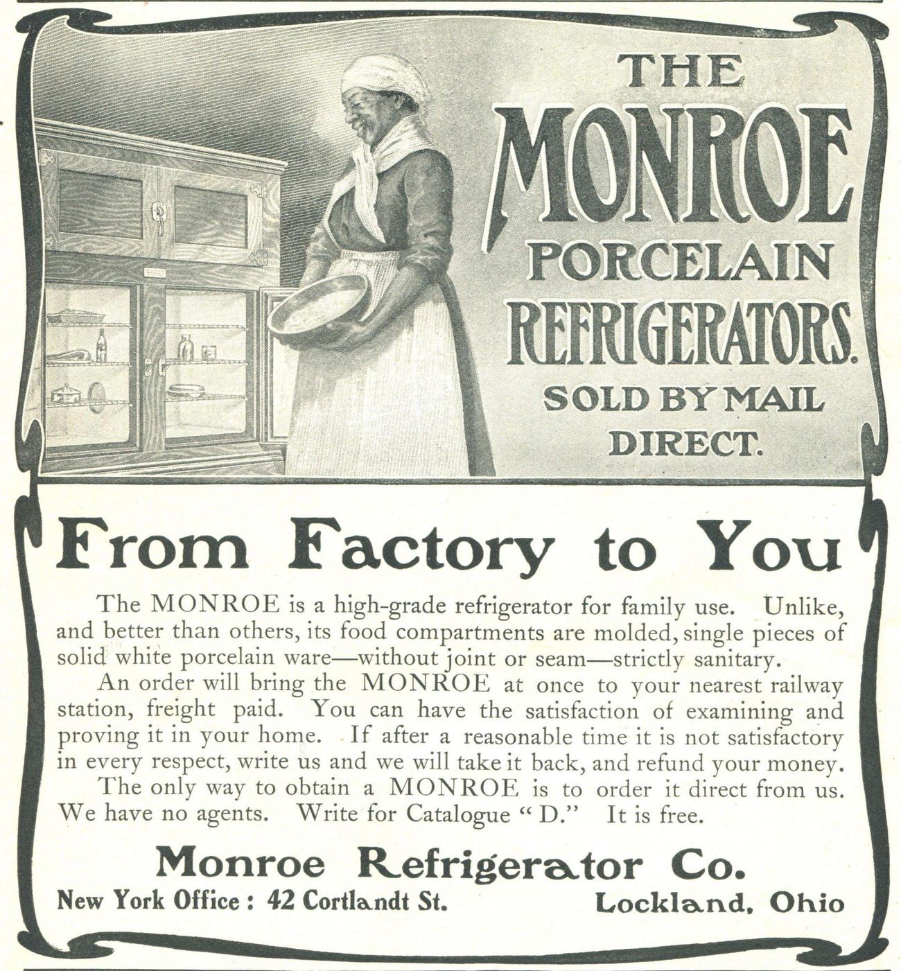 Monroe porcelain refrigerators ad, Monroe Refrigerator Company, 1903.