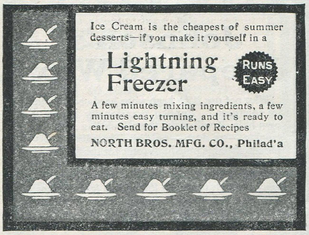 Lightning Freezer ad, North Brothers Manufacturing Company, 1901.