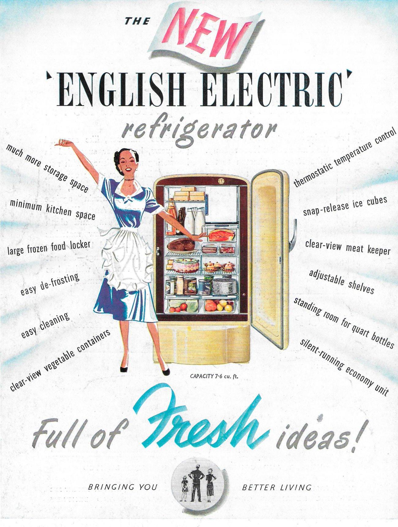 English Electric refrigerator ad in Country Life magazine, UK, 1951.