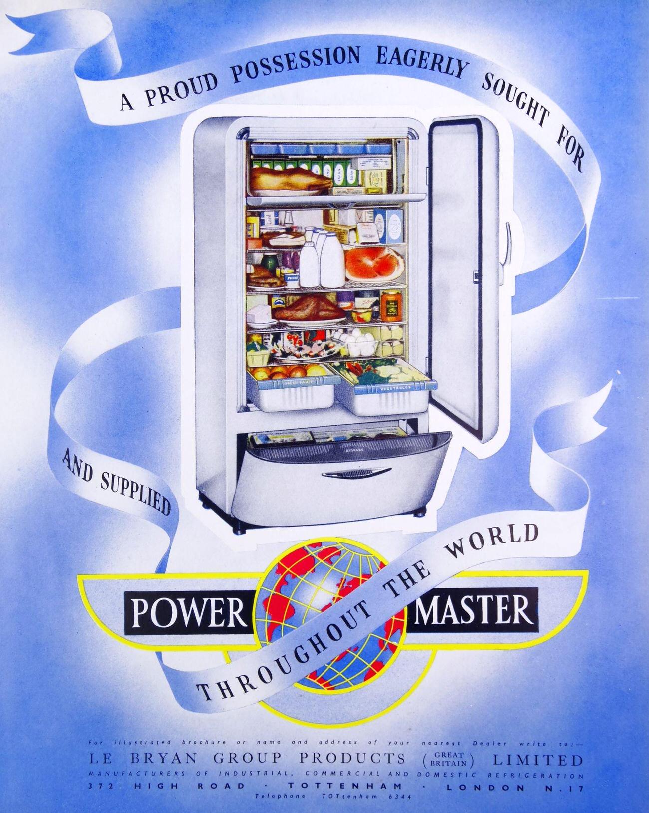 Power master electric fridge with freezer cabinet ad, circa 1950, Britain.