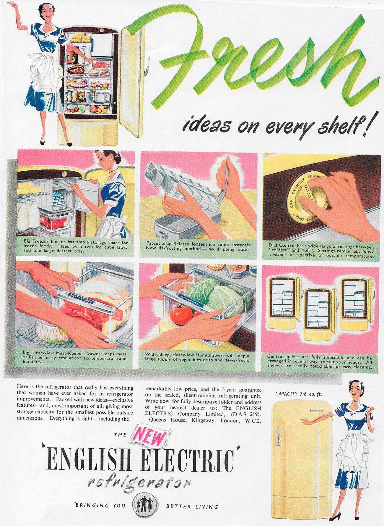 English Electric refrigerator "fresh ideas" ad, Country Life magazine, UK, 1951.