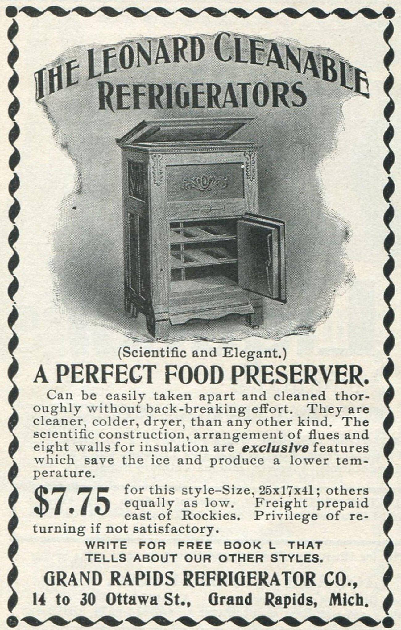 Leonard Cleanable Refrigerators ad, Grand Rapids Refrigerator Company, 1899.