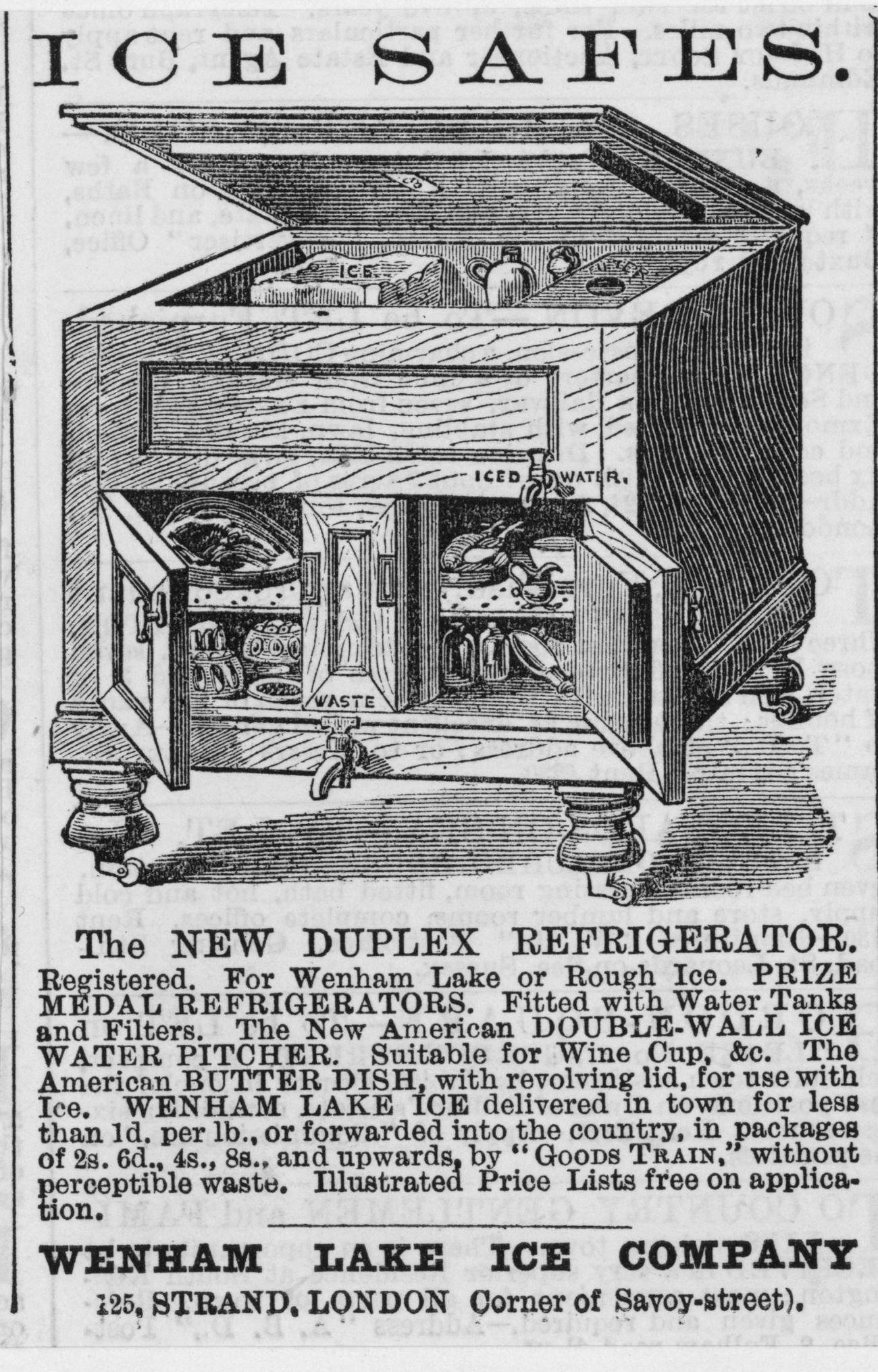 Ice Safe duplex refrigerator ad, Wenham Lake Ice Company, July 18, 1874.
