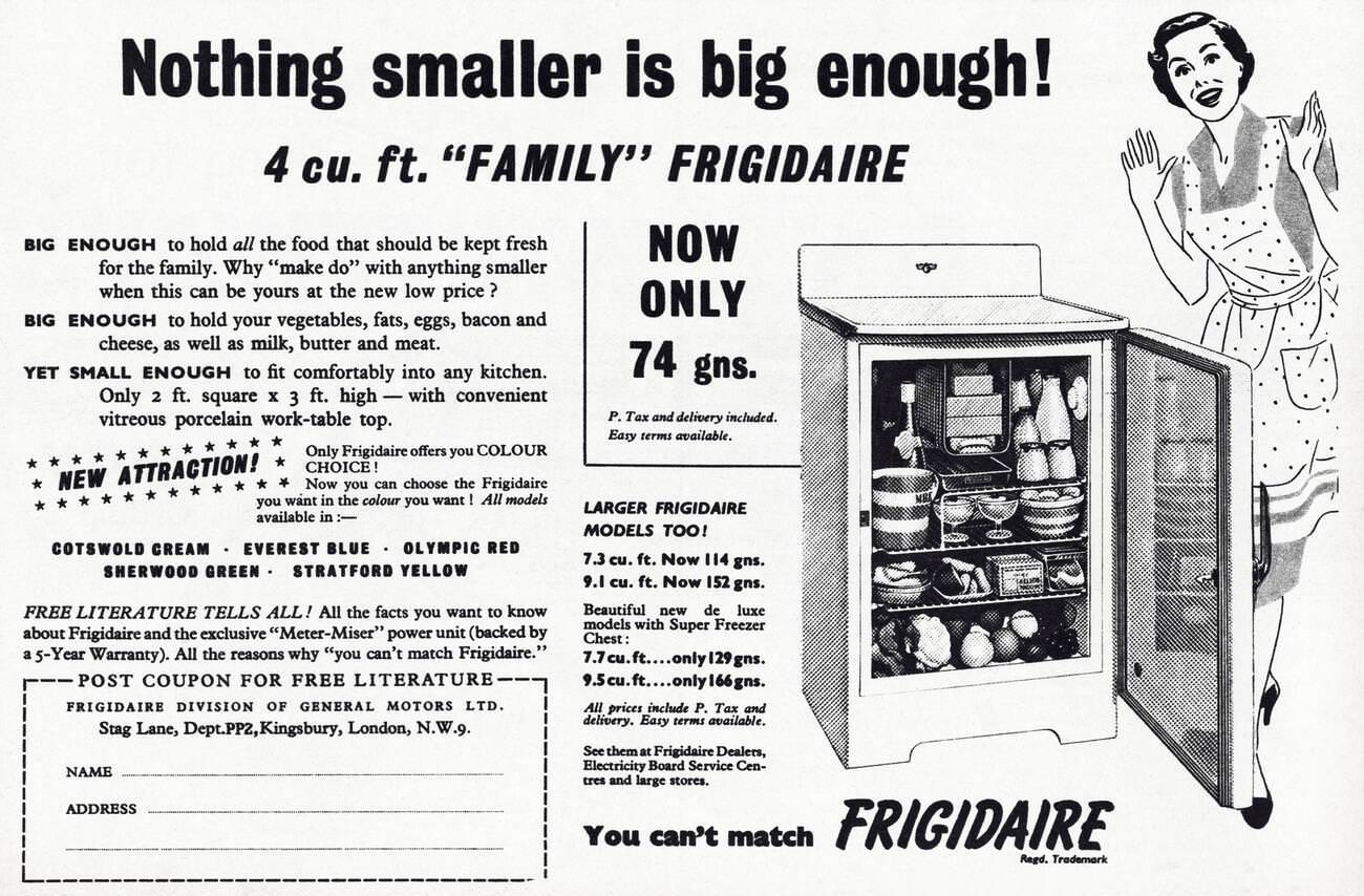 Frigidaire refrigerator ad, circa 1954.