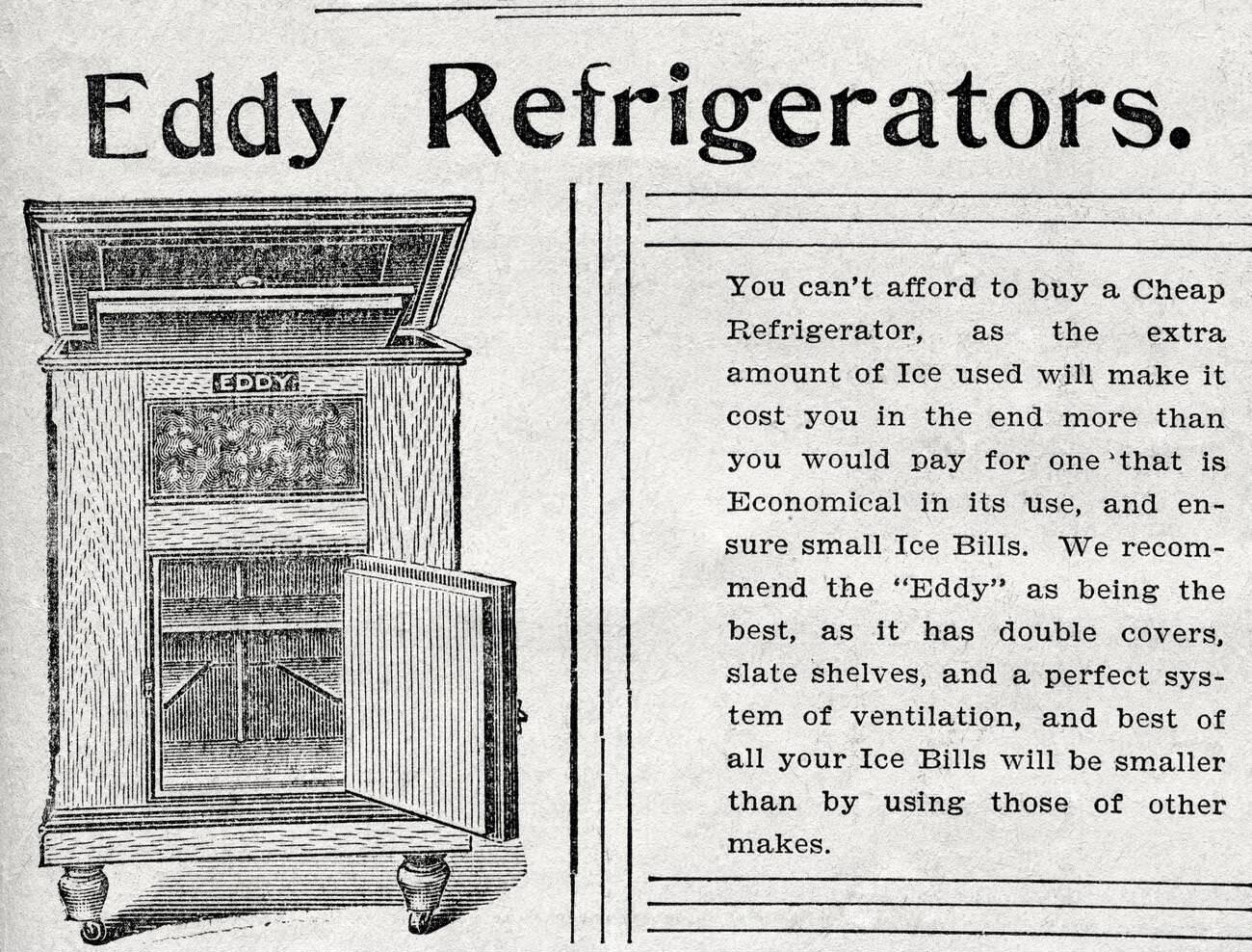 Eddy Refrigerator Ice Box ad, Worcester Evening Gazette, June 15, 1898.