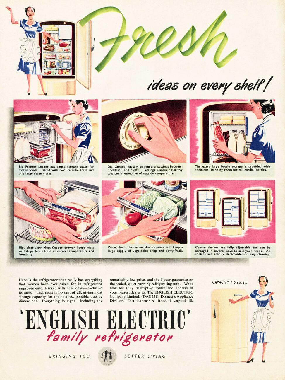 English Electric family refrigerator ad, 1952.