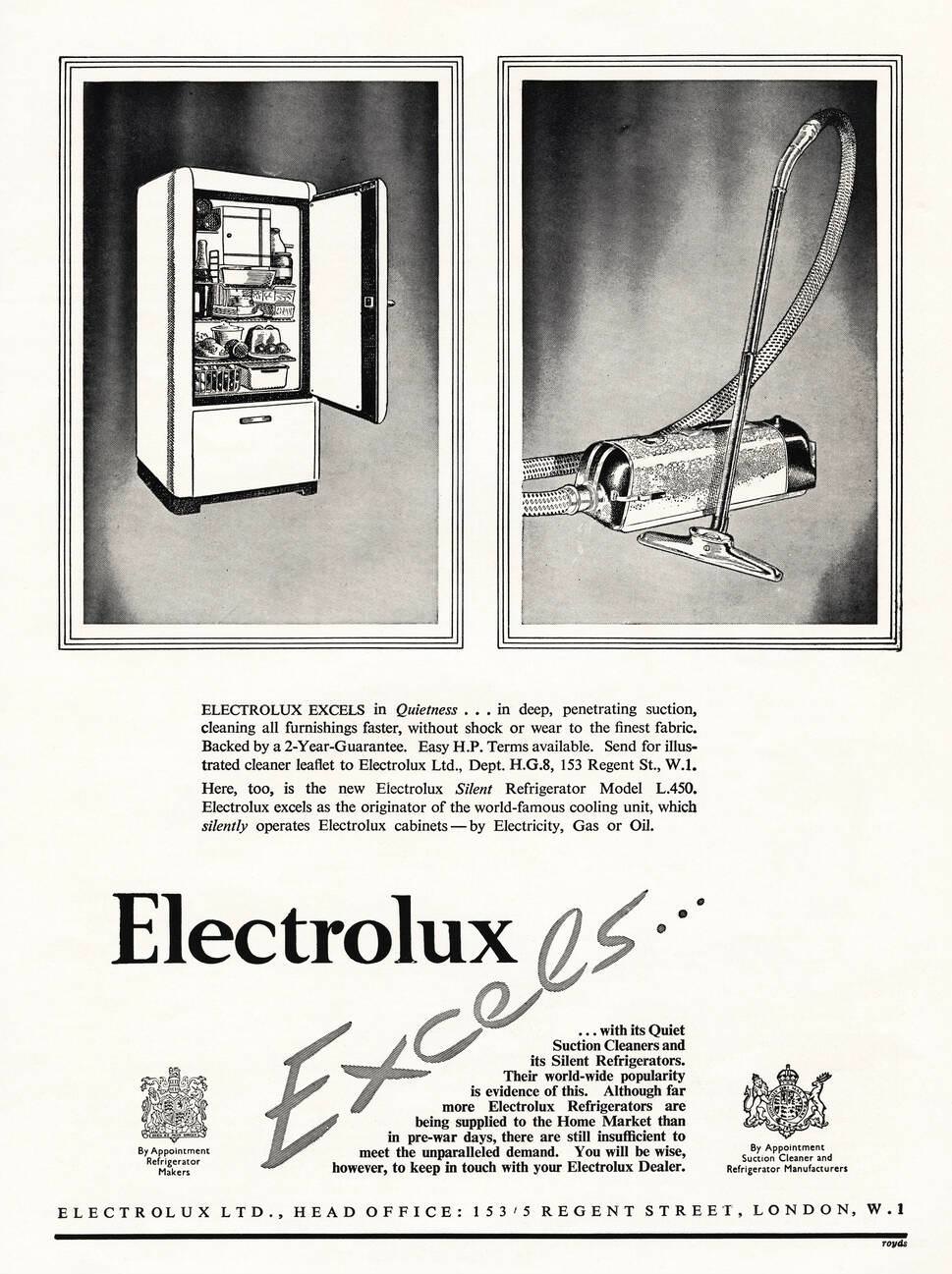 Electrolux vacuum cleaner & refrigerator ad, 1950.
