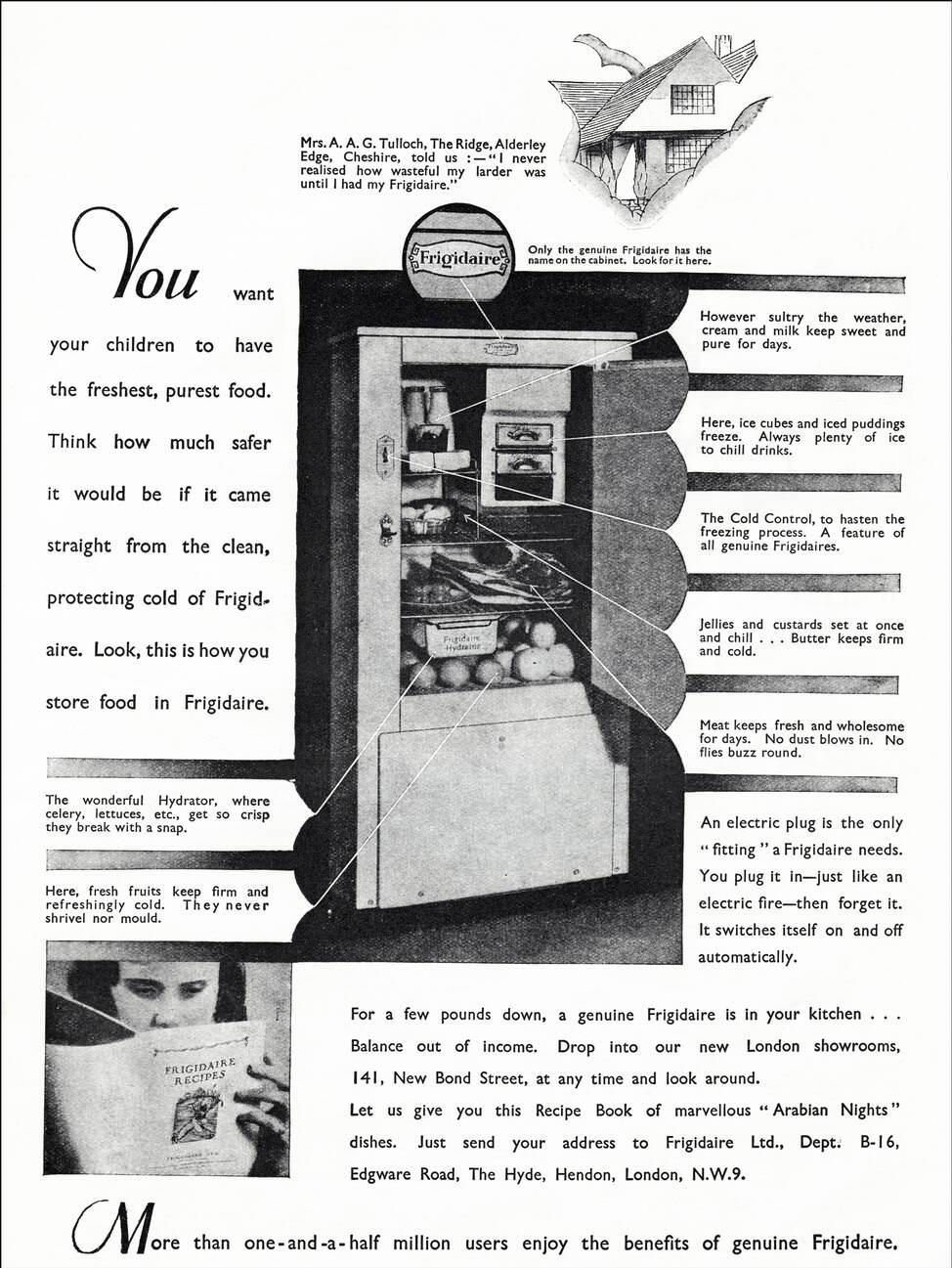 Frigidaire refrigerators ad, 1930s.