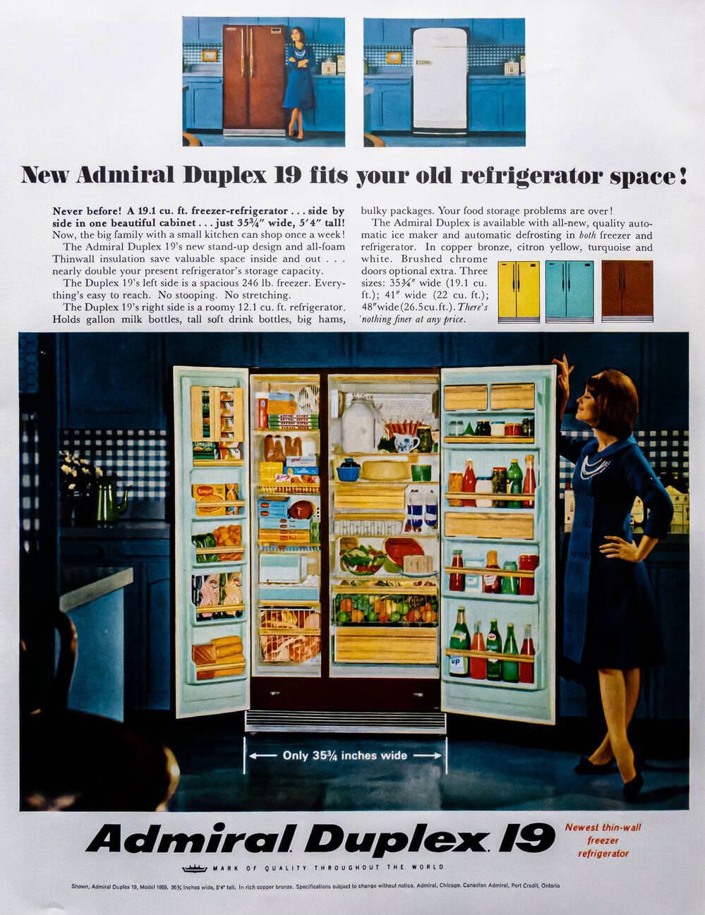 Admiral Duplex I9 Refrigerator ad, 1965.