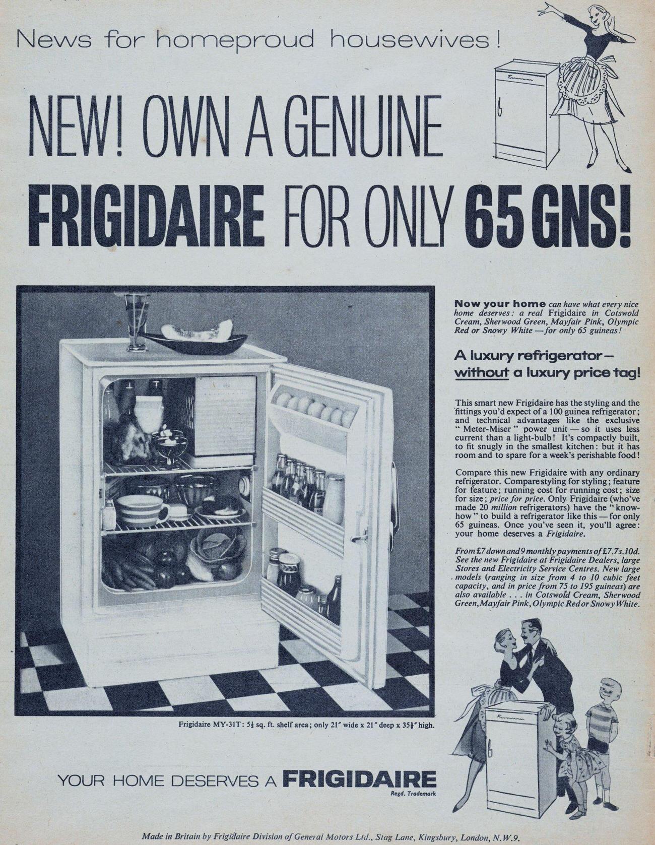 Frigidaire refrigerator ad, 1957, showing interior.