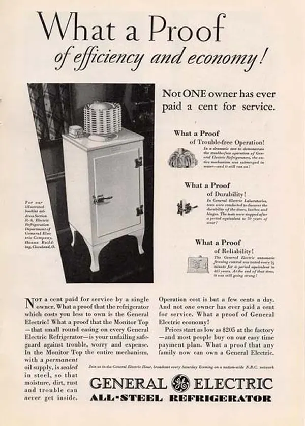 General Electric Refrigerator print ad, 1930.