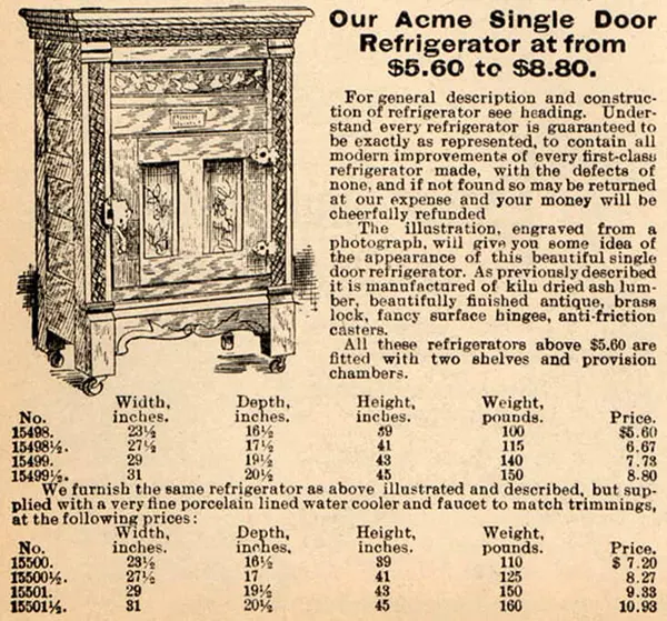 Icebox introduction, in-home refrigeration leap, 1860s.