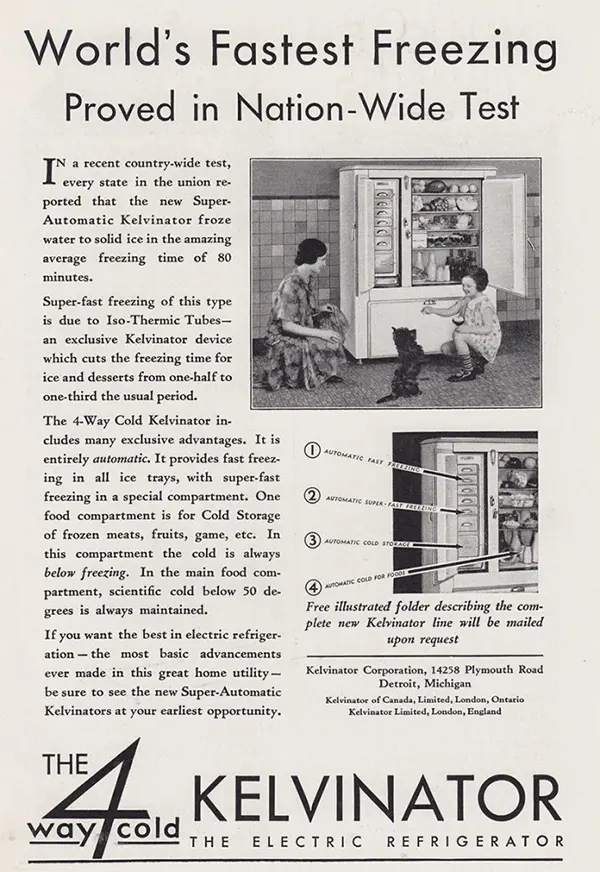 Kelvinator Refrigerator 4-Way Cold ad, 1930.