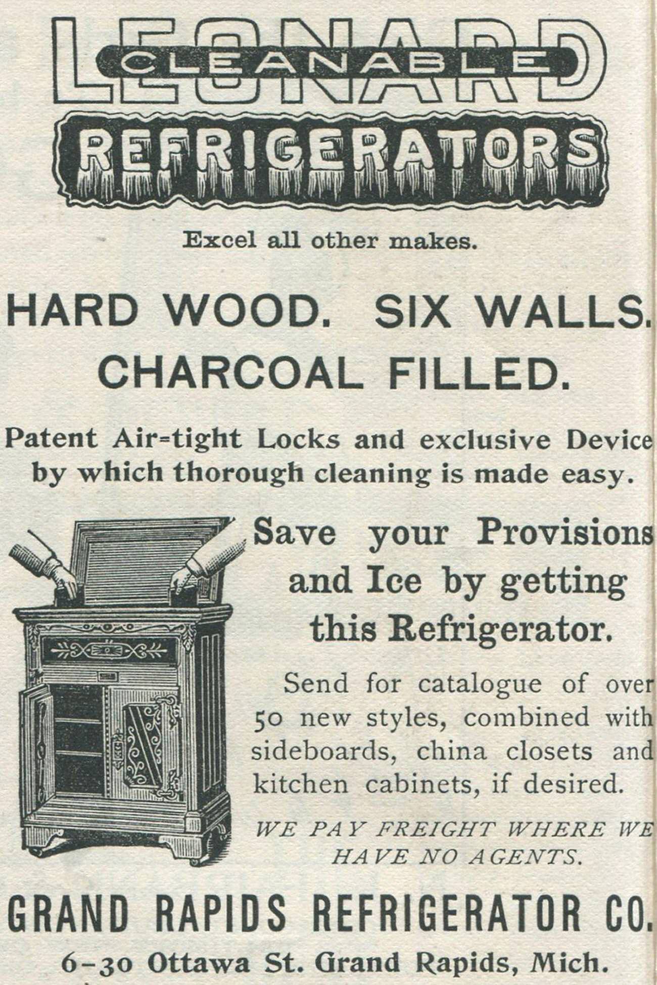 Leonard Cleanable Refrigerators ad, Grand Rapids Refrigerator Company, 1892.
