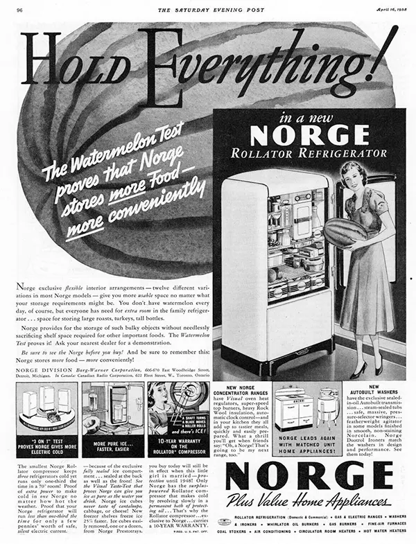 Norge Rollator Refrigerator ad, 1938.