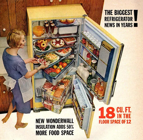 Refrigerator with swing-out shelves, 1960s.