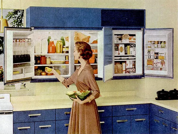 Wall-mounted fridge ad, 1950s.
