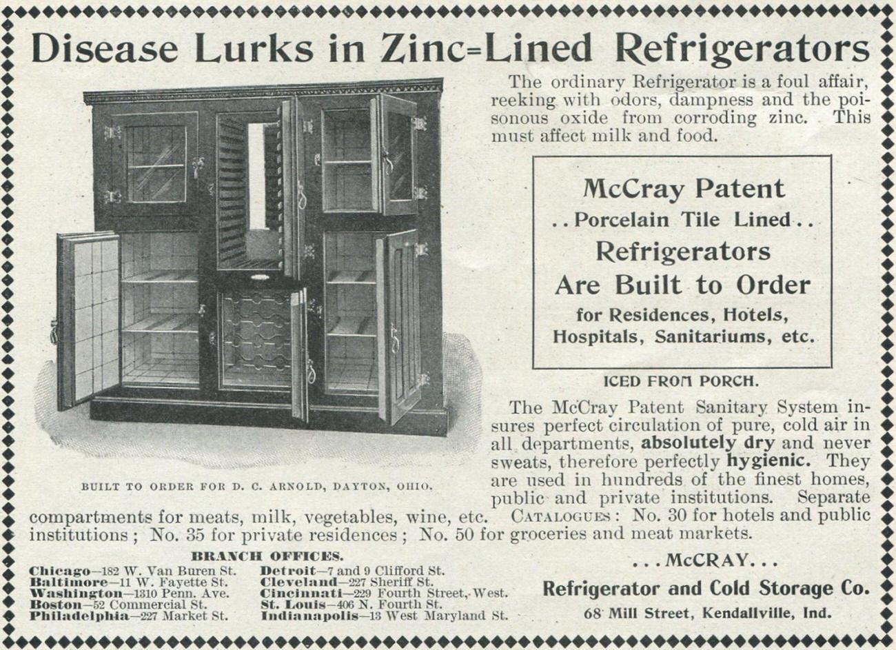 McCray porcelain tile lined refrigerators ad, 1899.
