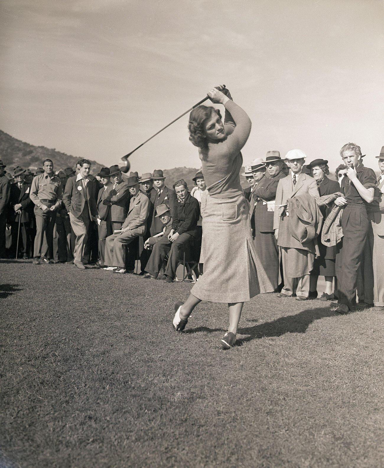 Babe Didrikson driving, 13th annual Los Angeles Open Golf Tournament, January 8, 1938.