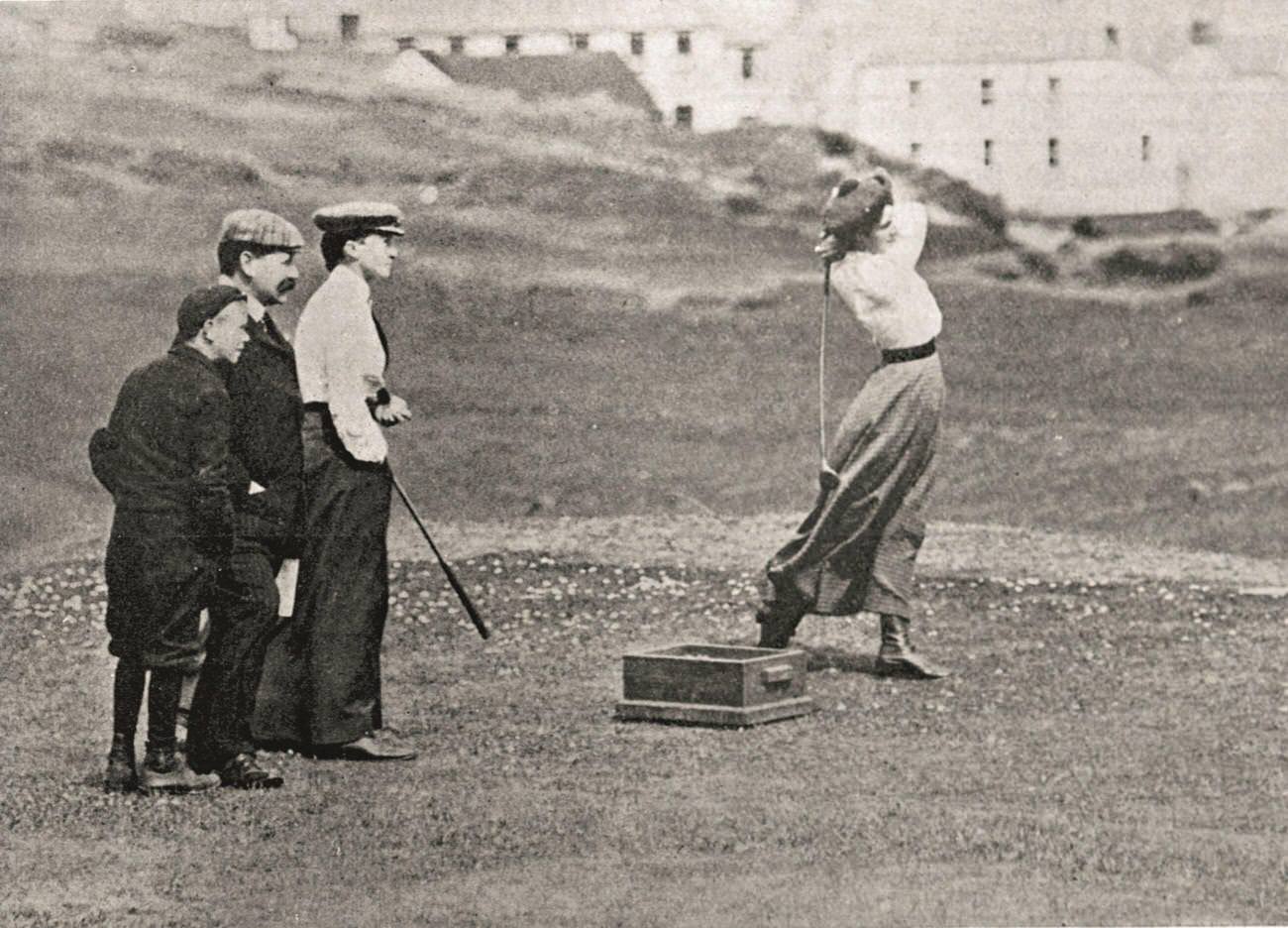 Miss F Macbeth teeing off, British Ladies' Open Golf Championship, 1903.